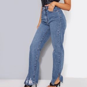 PLT Petite Mid Blue Wash Ripped Straight Leg Jeans